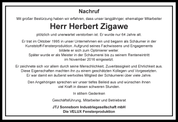 Traueranzeige von Herbert Zigawe von Ostthüringer Zeitung, Thüringische Landeszeitung