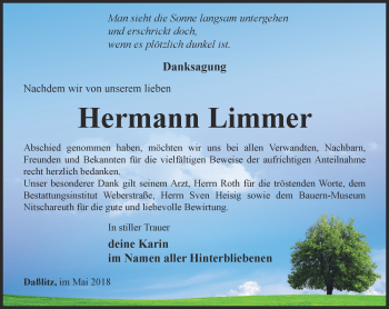 Traueranzeige von Hermann Limmer von Ostthüringer Zeitung