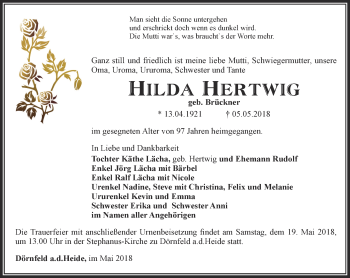 Traueranzeige von Hilda Hertwig von Ostthüringer Zeitung