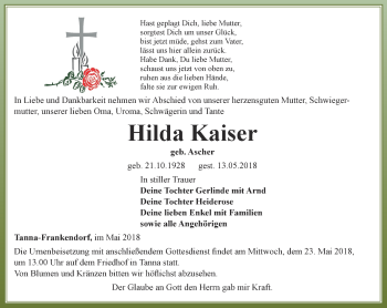 Traueranzeige von Hilda Kaiser von Ostthüringer Zeitung