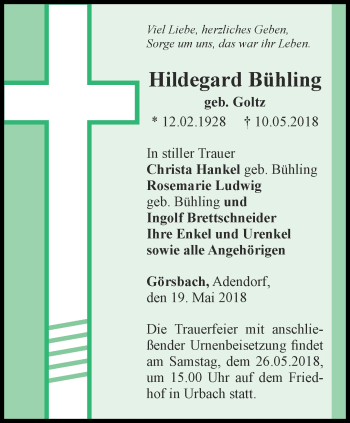 Traueranzeige von Hildegard Bühling von Thüringer Allgemeine