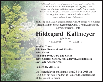 Traueranzeige von Hildegard Kallmeyer von Thüringer Allgemeine
