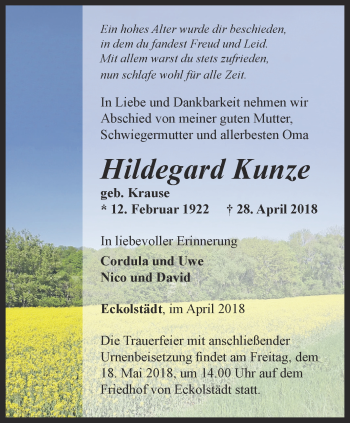 Traueranzeige von Hildegard Kunze von Thüringer Allgemeine, Thüringische Landeszeitung