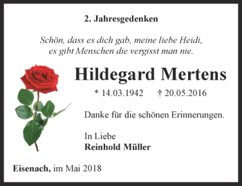 Traueranzeige von Hildegard Mertens von Thüringer Allgemeine, Thüringische Landeszeitung