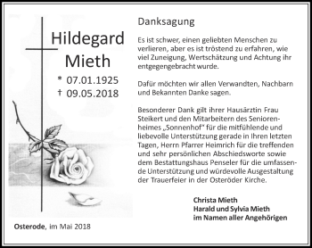 Traueranzeige von Hildegard Mieth von Thüringer Allgemeine