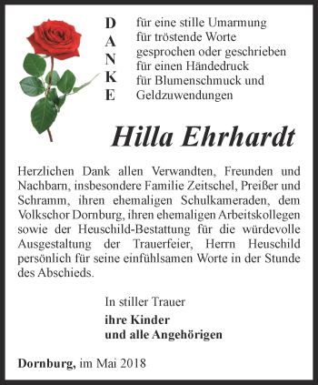 Traueranzeige von Hilla Ehrhardt von Ostthüringer Zeitung, Thüringische Landeszeitung