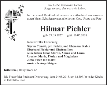 Traueranzeige von Hilmar Piehler von Thüringer Allgemeine, Thüringische Landeszeitung