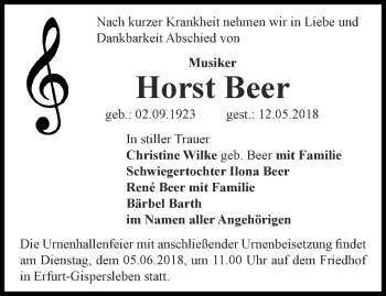 Traueranzeige von Horst Beer von Thüringer Allgemeine, Thüringische Landeszeitung