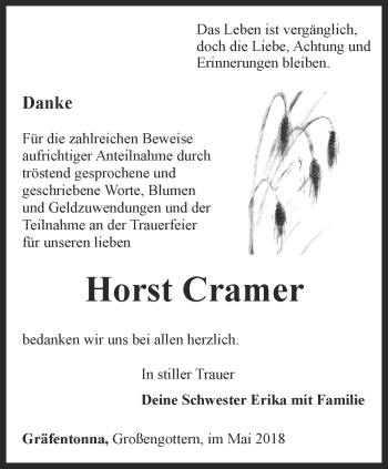 Traueranzeige von Horst Cramer von Thüringer Allgemeine, Thüringische Landeszeitung