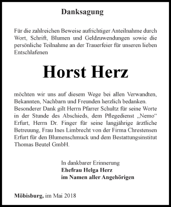 Traueranzeige von Horst Herz von Thüringer Allgemeine, Thüringische Landeszeitung