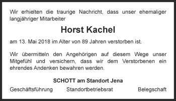 Traueranzeige von Horst Kachel von Ostthüringer Zeitung, Thüringische Landeszeitung