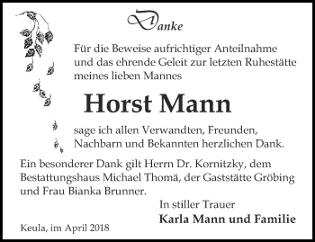 Traueranzeige von Horst Mann von Thüringer Allgemeine, Thüringische Landeszeitung