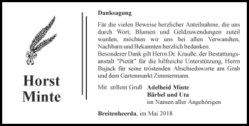 Traueranzeige von Horst Minte von Ostthüringer Zeitung