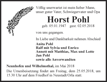 Traueranzeige von Horst Pohl von Ostthüringer Zeitung