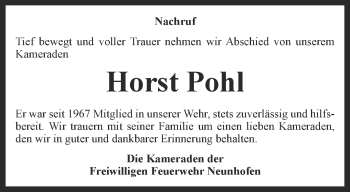 Traueranzeige von Horst Pohl von Ostthüringer Zeitung
