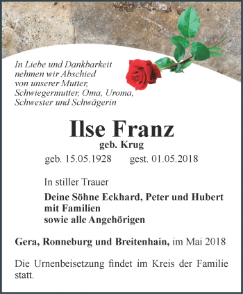 Traueranzeige von Ilse Franz von Ostthüringer Zeitung