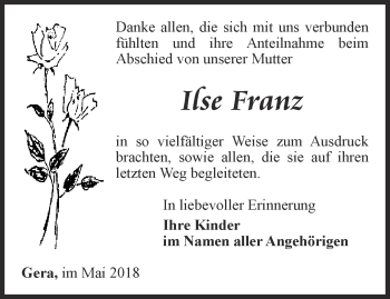 Traueranzeige von Ilse Franz von Ostthüringer Zeitung