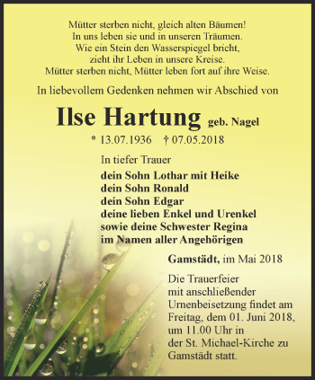 Traueranzeige von Ilse Hartung von Thüringer Allgemeine, Thüringische Landeszeitung