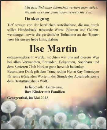 Traueranzeige von Ilse Martin von Ostthüringer Zeitung, Thüringische Landeszeitung