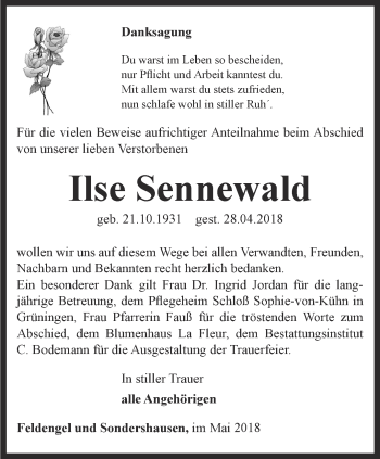 Traueranzeige von Ilse Sennewald von Thüringer Allgemeine