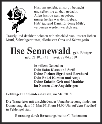 Traueranzeige von Ilse Sennewald von Thüringer Allgemeine