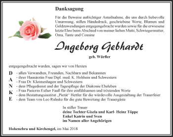 Traueranzeige von Ingeborg Gebhardt  von Thüringer Allgemeine