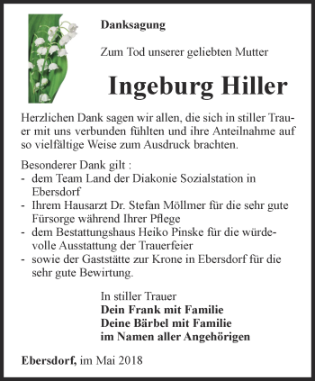 Traueranzeige von Ingeborg Hiller von Ostthüringer Zeitung