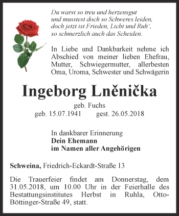 Traueranzeige von Ingeborg Lnenicka von Thüringer Allgemeine, Thüringische Landeszeitung