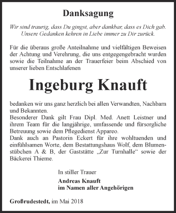 Traueranzeige von Ingeburg Knauft von Thüringer Allgemeine, Thüringische Landeszeitung