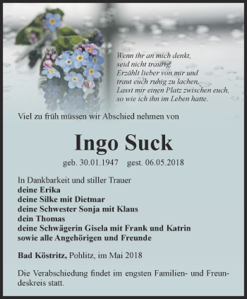 Traueranzeige von Ingo Suck