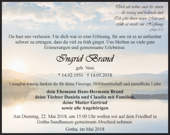 Traueranzeige von Ingrid Brand von Ostthüringer Zeitung, Thüringische Landeszeitung