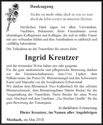 Traueranzeige von Ingrid Kreutzer von Thüringer Allgemeine, Thüringische Landeszeitung