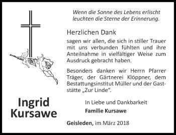 Traueranzeige von Ingrid Kursawe von Thüringer Allgemeine