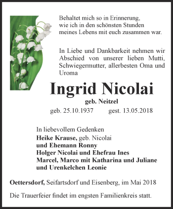 Traueranzeige von Ingrid Nicolai von Ostthüringer Zeitung