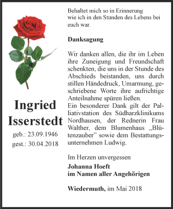 Traueranzeige von Ingried Isserstedt von Thüringer Allgemeine