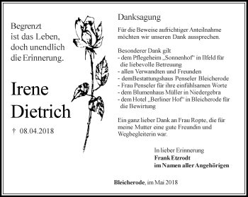 Traueranzeige von Irene Dietrich von Thüringer Allgemeine