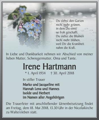 Traueranzeige von Irene Hartmann von Thüringer Allgemeine, Thüringische Landeszeitung