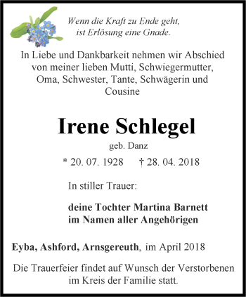 Traueranzeige von Irene Schlegel von Ostthüringer Zeitung