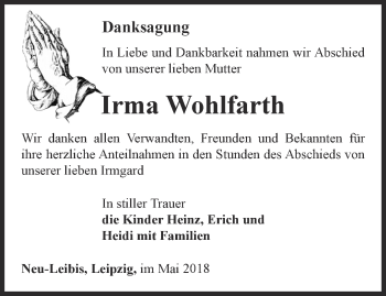 Traueranzeige von Irma Wohlfarth von Ostthüringer Zeitung
