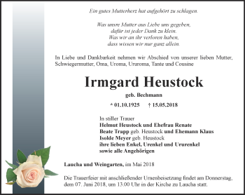 Traueranzeige von Irmgard Heustock von Ostthüringer Zeitung, Thüringische Landeszeitung