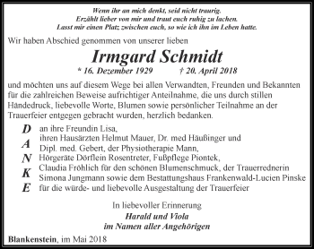 Traueranzeige von Irmgard Schmidt von Ostthüringer Zeitung