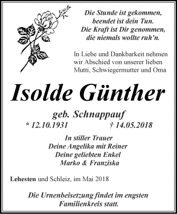 Traueranzeige von Isolde Günther von Ostthüringer Zeitung