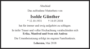 Traueranzeige von Isolde Günther von Ostthüringer Zeitung