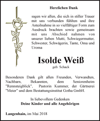 Traueranzeige von Isolde Weiß von Ostthüringer Zeitung, Thüringische Landeszeitung