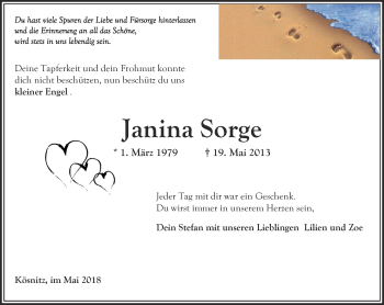 Traueranzeige von Janina Sorge von Thüringer Allgemeine, Thüringische Landeszeitung