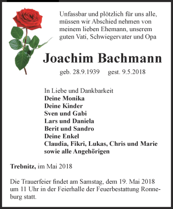 Traueranzeige von Joachim Bachmann von Ostthüringer Zeitung