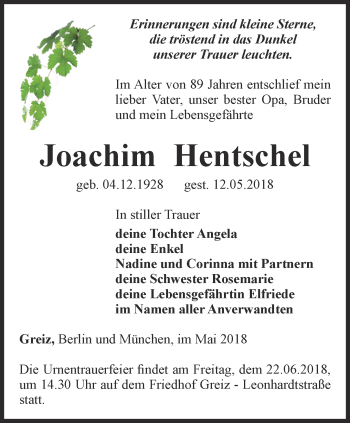 Traueranzeige von Joachim Hentschel