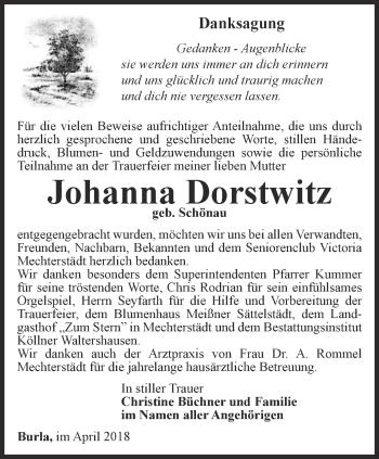 Traueranzeige von Johanna Dorstwitz von Ostthüringer Zeitung, Thüringische Landeszeitung