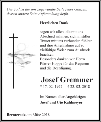 Traueranzeige von Josef Gremmer von Thüringer Allgemeine