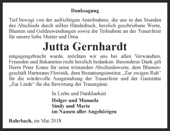 Traueranzeige von Jutta Gernhardt von Thüringer Allgemeine, Thüringische Landeszeitung